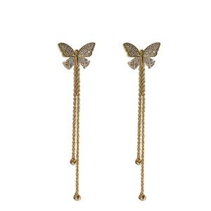 NWOT CRYSTAL BUTTERFLY EARRINGS WITH REMOVABLE TASSLE DROP GOLD TONE